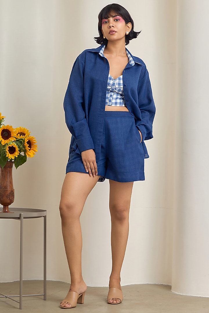 Navy Blue Jute Linen Embroidered Co-Ord Set by Maisolos at Pernia's Pop Up Shop