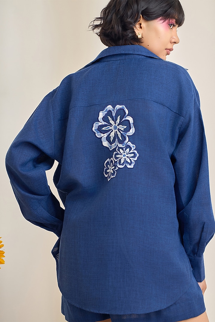 Navy Blue Jute Linen Embroidered Co-Ord Set by Maisolos at Pernia's Pop Up Shop