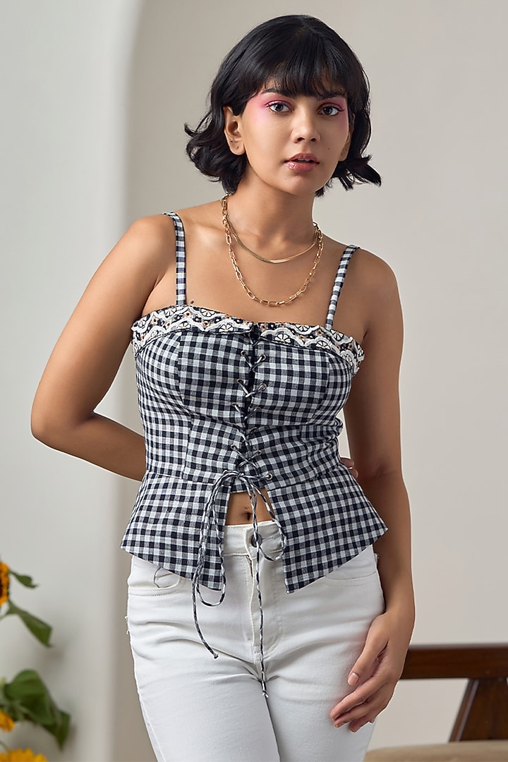 Black Cotton Embroidered Corset by Maisolos at Pernia's Pop Up Shop