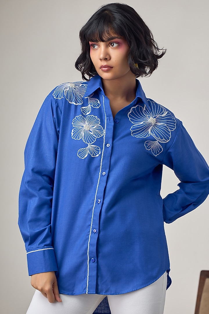 Electric Blue Cotton Linen Machine Embroidered Shirt by Maisolos at Pernia's Pop Up Shop