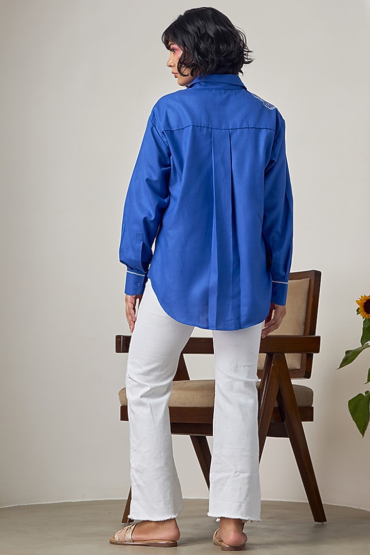 Electric Blue Cotton Linen Machine Embroidered Shirt by Maisolos at Pernia's Pop Up Shop