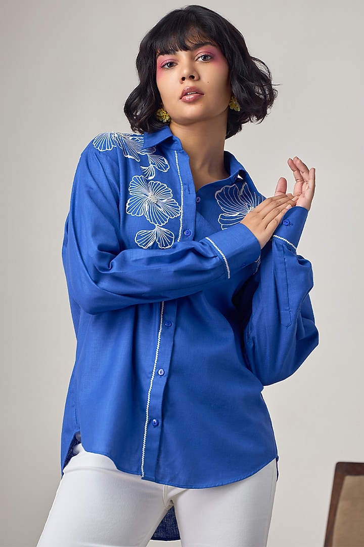 Electric Blue Cotton Linen Machine Embroidered Shirt by Maisolos at Pernia's Pop Up Shop