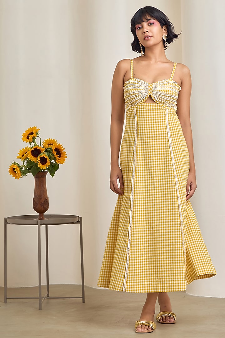 Yellow & White Cotton Embroidered Checkered Maxi Summer Dress by Maisolos at Pernia's Pop Up Shop