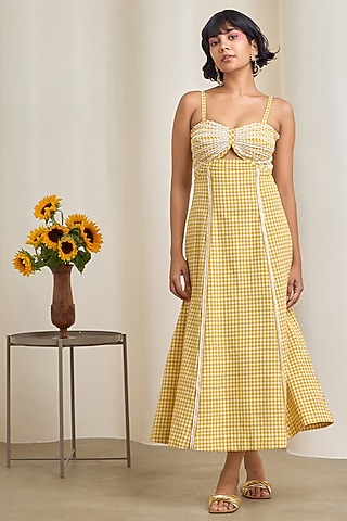 Yellow & White Cotton Embroidered Checkered Maxi Dress by Maisolos