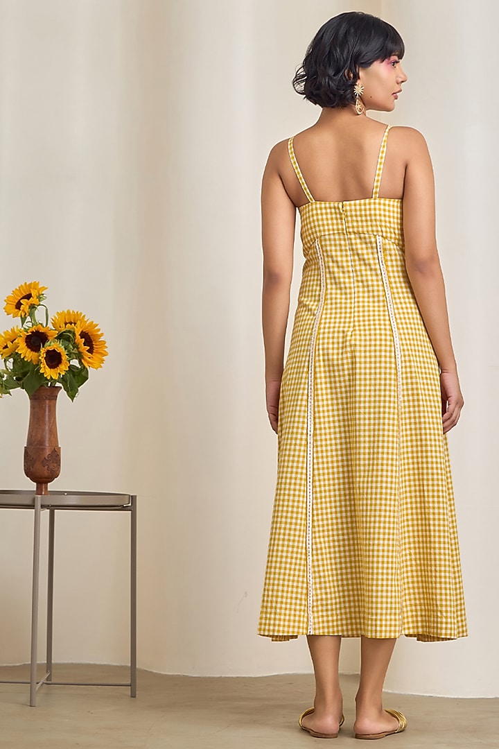 Yellow & White Cotton Embroidered Checkered Maxi Summer Dress by Maisolos at Pernia's Pop Up Shop
