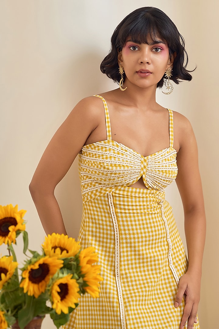 Yellow & White Cotton Embroidered Checkered Maxi Summer Dress by Maisolos at Pernia's Pop Up Shop