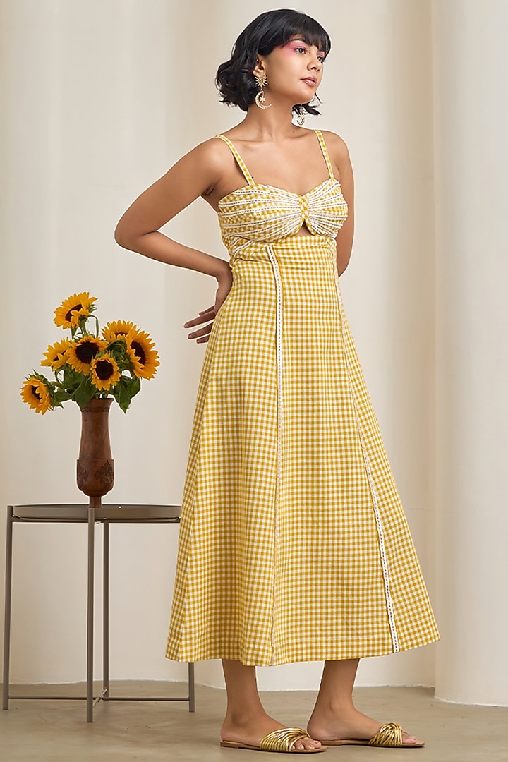 Yellow & White Cotton Embroidered Checkered Maxi Summer Dress by Maisolos at Pernia's Pop Up Shop