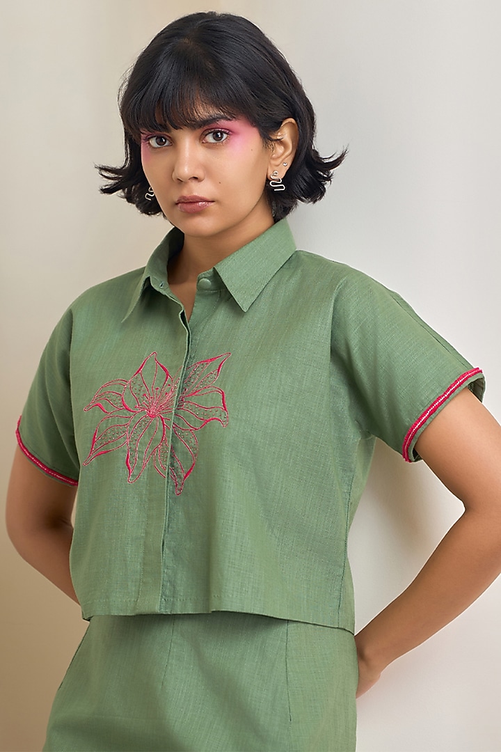 Sage Green Cotton Embroidered Co-Ord Set by Maisolos at Pernia's Pop Up Shop