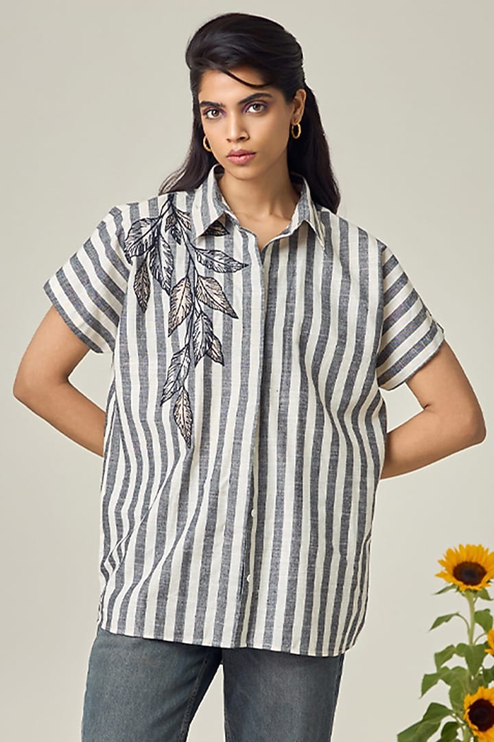 Black & White Cotton Embroidered Shirt by Maisolos at Pernia's Pop Up Shop