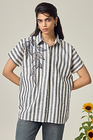 Black & White Cotton Embroidered Shirt by Maisolos