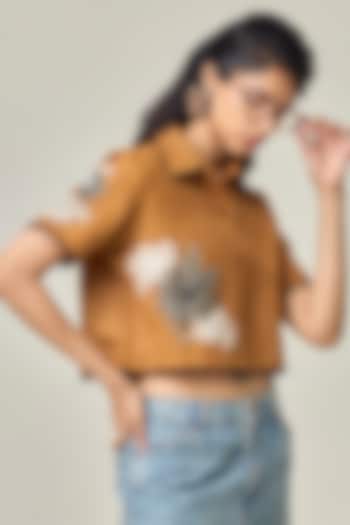 Earthy Brown Cotton Machine Embroidered Shirt by Maisolos at Pernia's Pop Up Shop