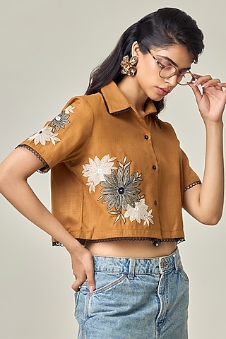 Earthy Brown Cotton Machine Embroidered Shirt by Maisolos