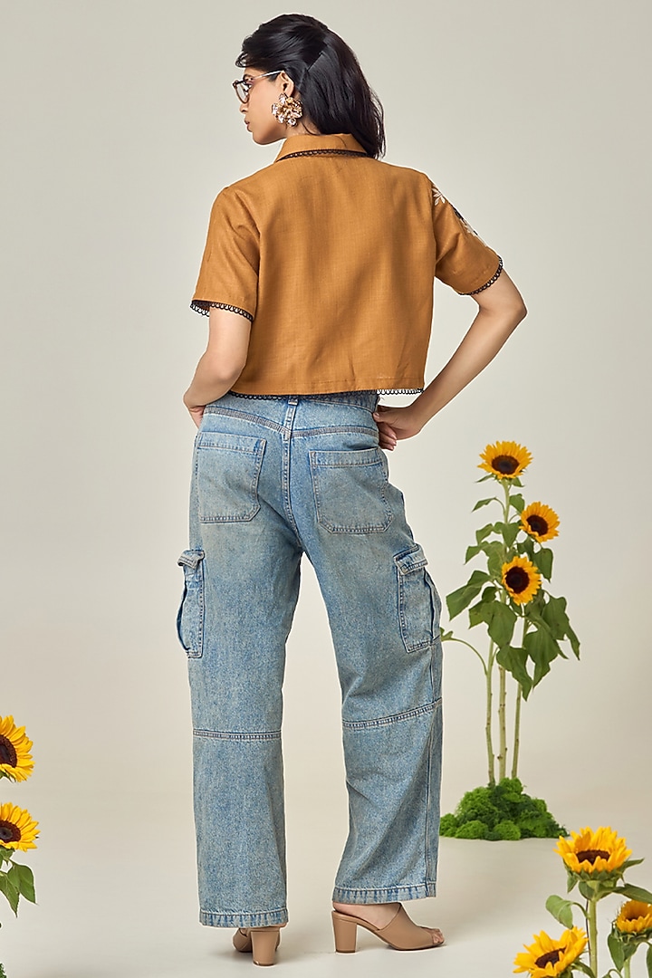 Earthy Brown Cotton Machine Embroidered Shirt by Maisolos at Pernia's Pop Up Shop