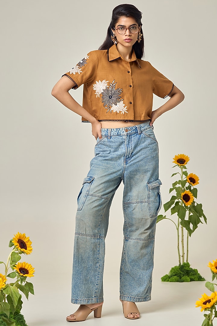 Earthy Brown Cotton Machine Embroidered Shirt by Maisolos at Pernia's Pop Up Shop