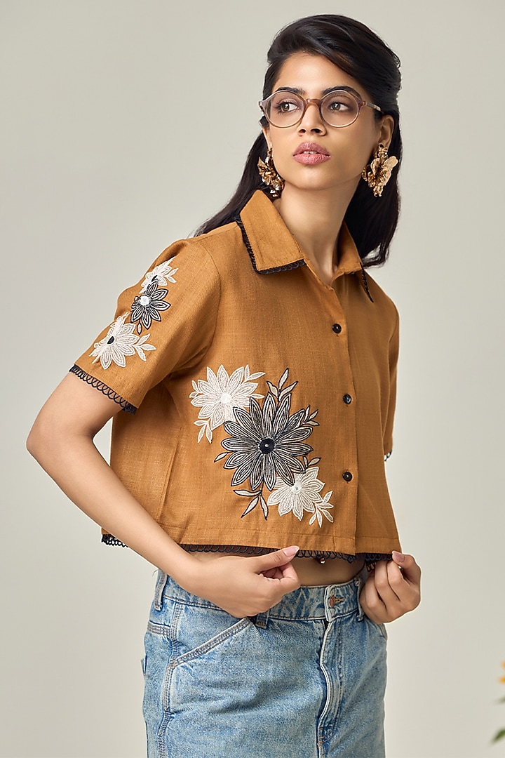 Earthy Brown Cotton Machine Embroidered Shirt by Maisolos at Pernia's Pop Up Shop