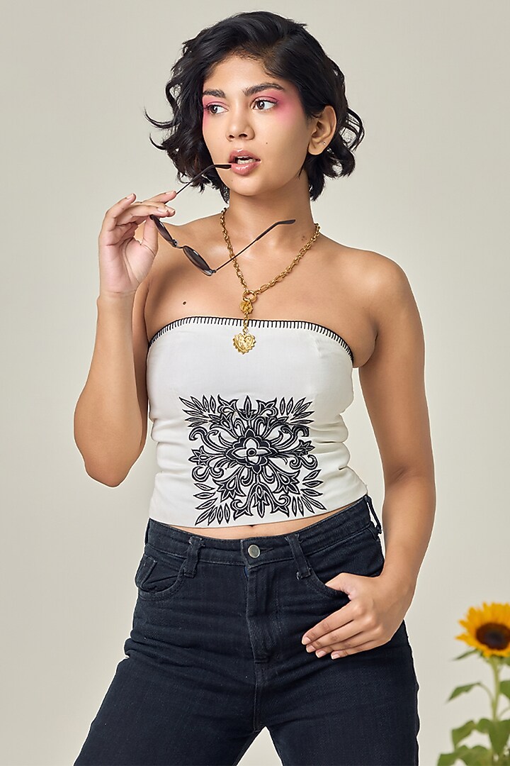 Ivory Poplin Machine Embroidered Tube Top by Maisolos at Pernia's Pop Up Shop