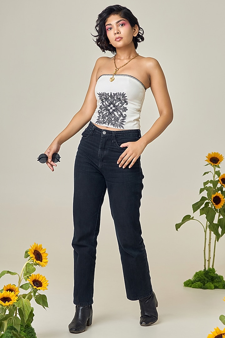 Ivory Poplin Machine Embroidered Tube Top by Maisolos at Pernia's Pop Up Shop