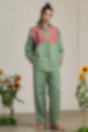 Sage Green Cotton Linen Machine Embroidered Shirt by Maisolos at Pernia's Pop Up Shop