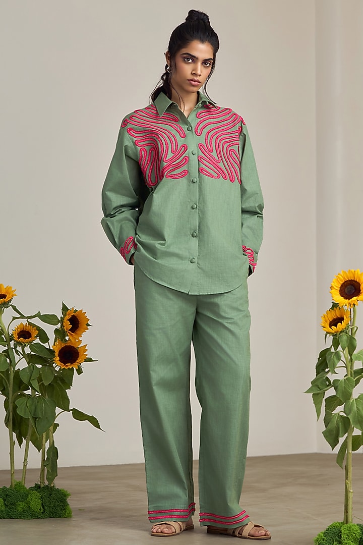 Sage Green Cotton Linen Machine Embroidered Shirt by Maisolos at Pernia's Pop Up Shop