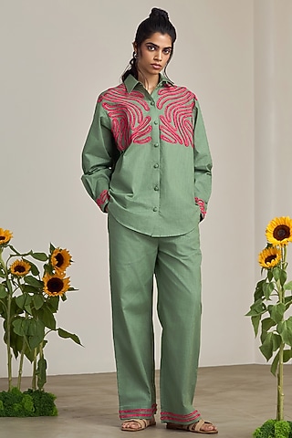 Sage Green Cotton Linen Machine Embroidered Shirt by Maisolos