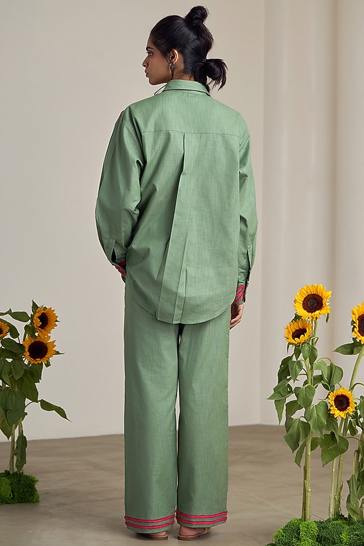 Sage Green Cotton Linen Machine Embroidered Shirt by Maisolos at Pernia's Pop Up Shop