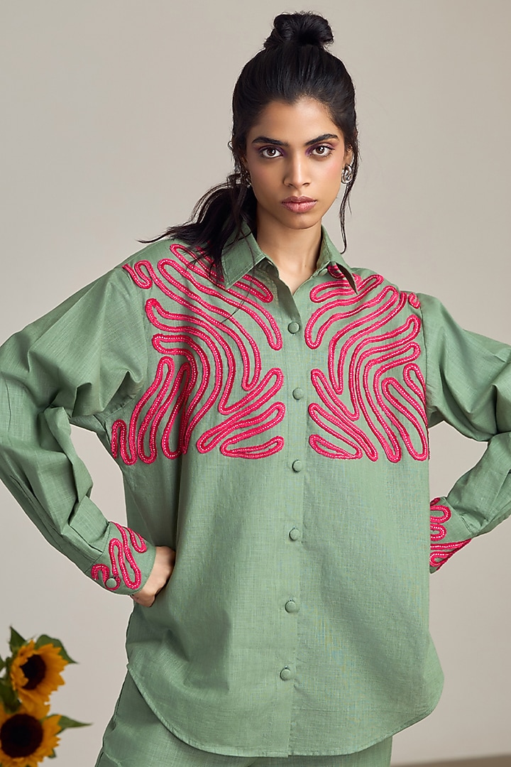 Sage Green Cotton Linen Machine Embroidered Shirt by Maisolos at Pernia's Pop Up Shop