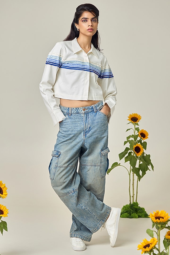 Ivory Poplin Machine Embroidered Crop Jacket by Maisolos at Pernia's Pop Up Shop