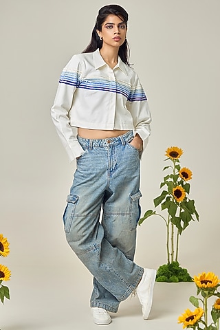 Ivory Poplin Machine Embroidered Crop Jacket by Maisolos