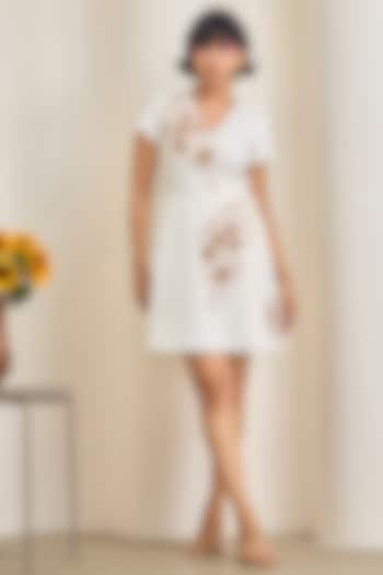 Ivory Poplin Machine Embroidered Mini Summer Dress by Maisolos at Pernia's Pop Up Shop