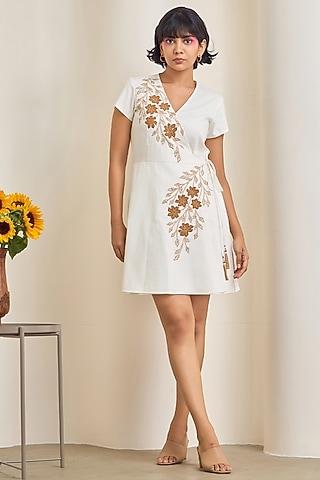 Ivory Poplin Machine Embroidered Mini Dress by Maisolos
