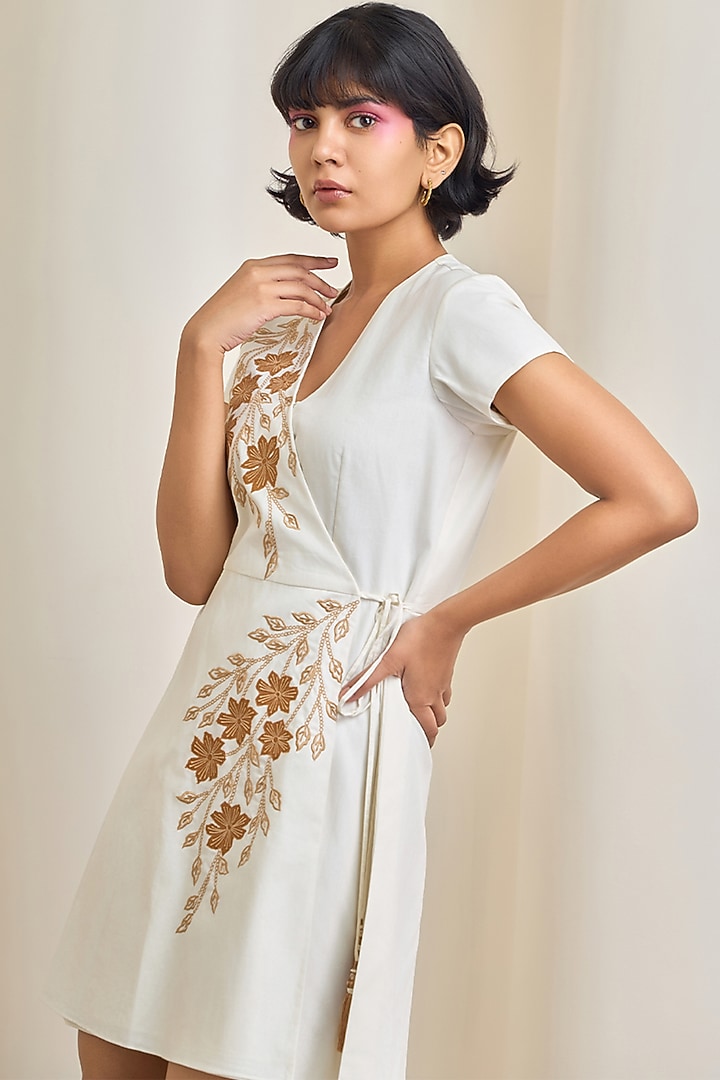 Ivory Poplin Machine Embroidered Mini Summer Dress by Maisolos at Pernia's Pop Up Shop