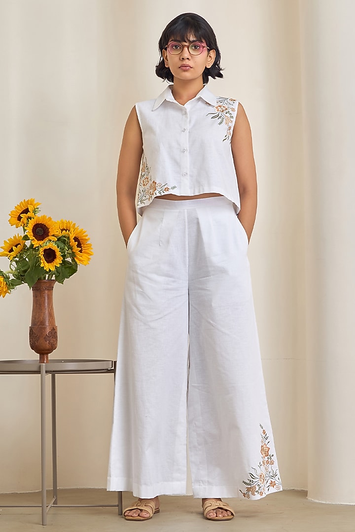 White Linen Embroidered Co-Ord Set by Maisolos at Pernia's Pop Up Shop