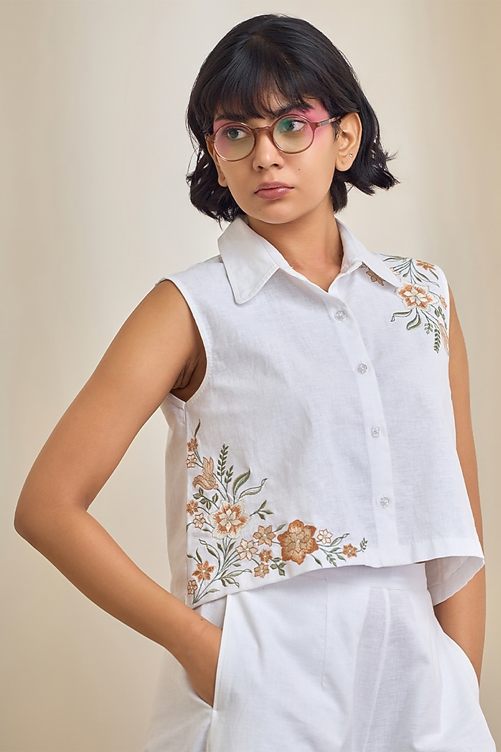 White Linen Embroidered Co-Ord Set by Maisolos at Pernia's Pop Up Shop