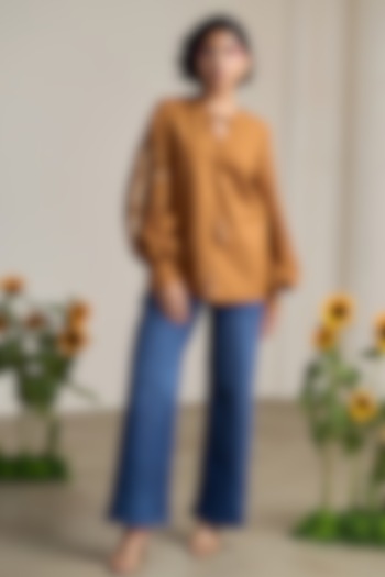 Brown Cotton Linen Floral Embroidered Top by Maisolos at Pernia's Pop Up Shop