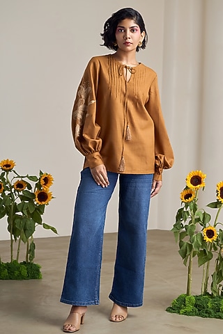 Brown Cotton Linen Floral Embroidered Top by Maisolos