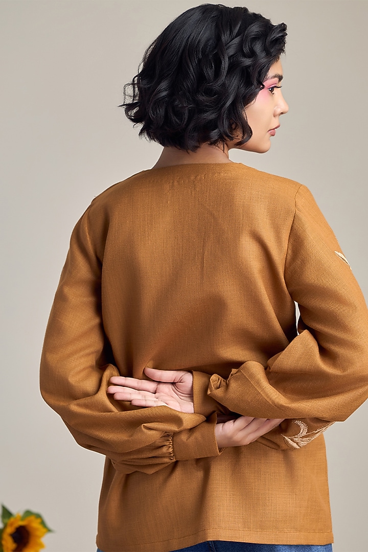 Brown Cotton Linen Floral Embroidered Top by Maisolos at Pernia's Pop Up Shop