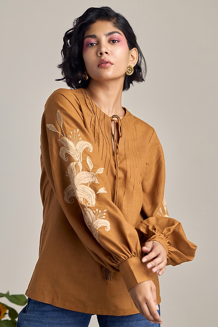 Brown Cotton Linen Floral Embroidered Top by Maisolos at Pernia's Pop Up Shop