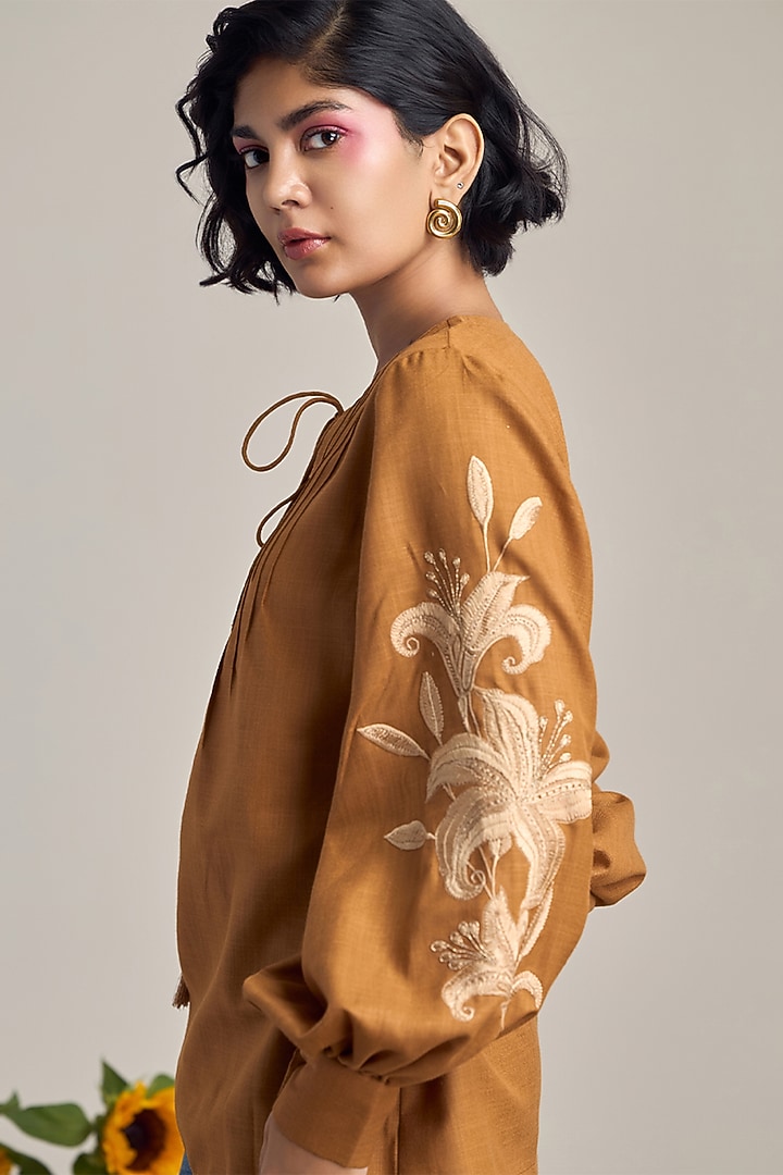 Brown Cotton Linen Floral Embroidered Top by Maisolos at Pernia's Pop Up Shop