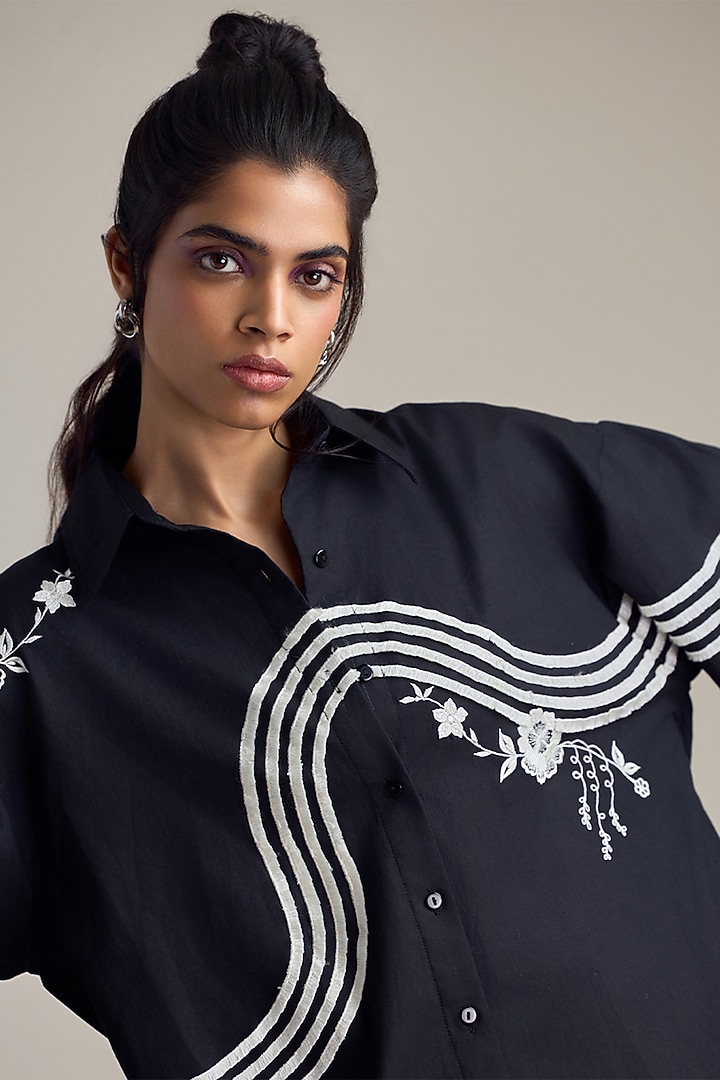 Black Poplin Embroidered Shirt by Maisolos at Pernia's Pop Up Shop