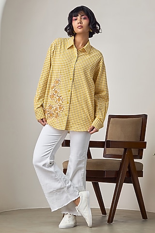 Yellow & White Cotton Embroidered Shirt by Maisolos