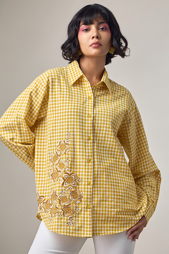 Yellow & White Cotton Embroidered Shirt by Maisolos at Pernia's Pop Up Shop
