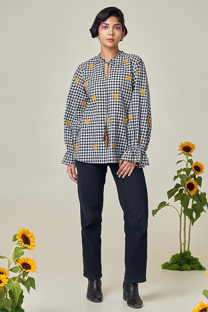 Black & White Cotton Floral Embroidered Checkered Shirt by Maisolos at Pernia's Pop Up Shop
