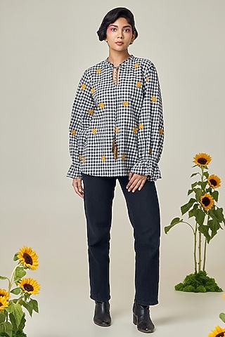 Black & White Cotton Floral Embroidered Checkered Shirt by Maisolos