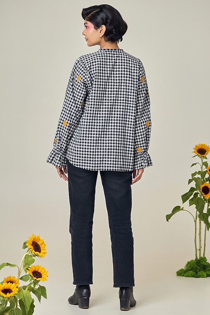 Black & White Cotton Floral Embroidered Checkered Shirt by Maisolos at Pernia's Pop Up Shop