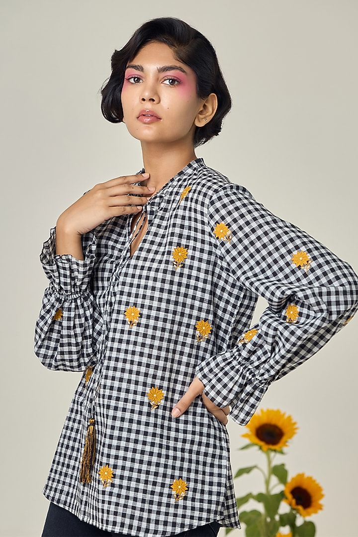 Black & White Cotton Floral Embroidered Checkered Shirt by Maisolos at Pernia's Pop Up Shop