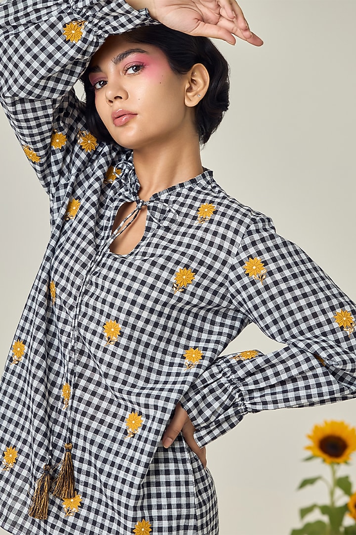Black & White Cotton Floral Embroidered Checkered Shirt by Maisolos at Pernia's Pop Up Shop