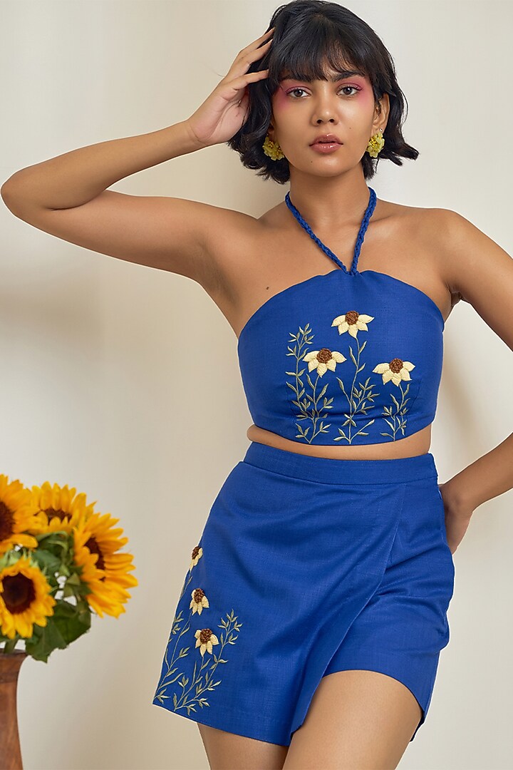Blue Cotton Linen Floral Embroidered Co-Ord Set by Maisolos at Pernia's Pop Up Shop