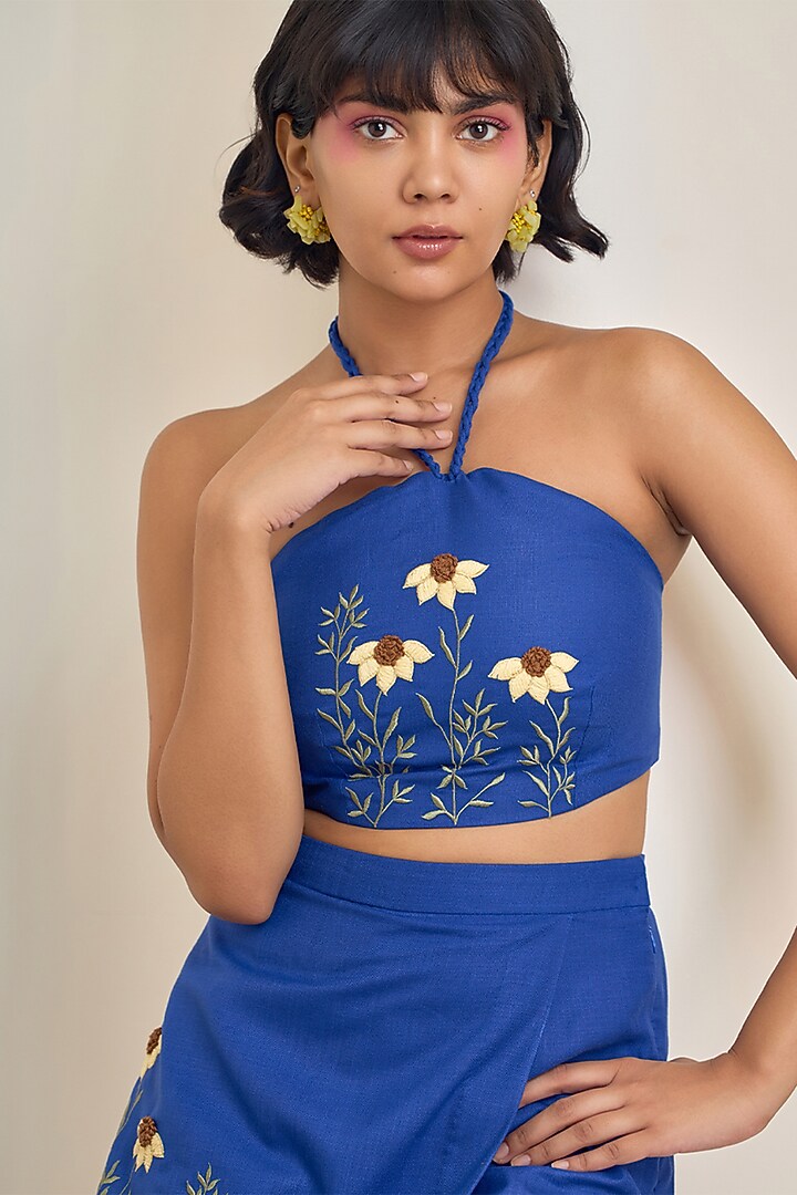 Blue Cotton Linen Floral Embroidered Co-Ord Set by Maisolos at Pernia's Pop Up Shop