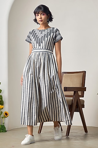 Ivory & Black Cotton Lace Embroidered Striped Maxi Dress by Maisolos