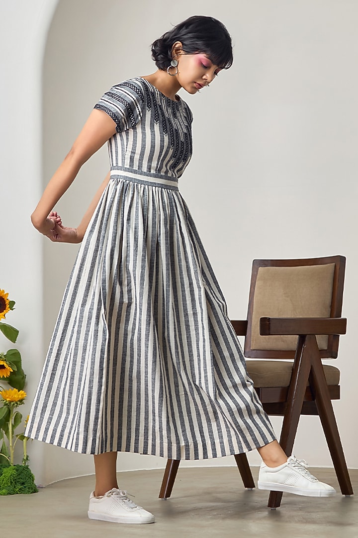 Ivory & Black Cotton Lace Embroidered Striped Maxi Summer Dress by Maisolos at Pernia's Pop Up Shop